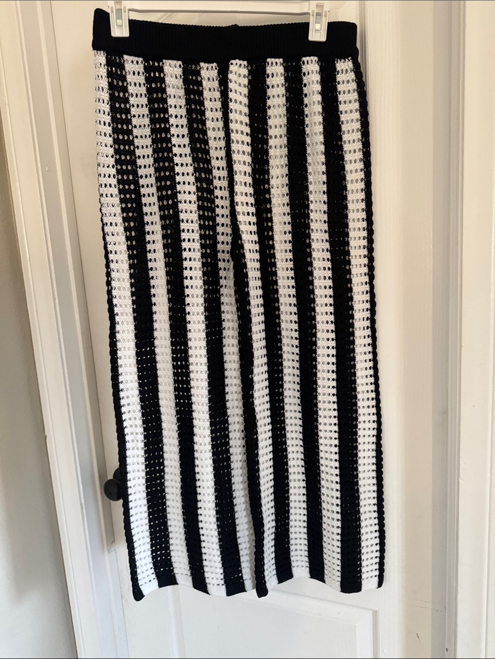 SHEIN Black & White Vertical Stripe Crochet Midi Skirt